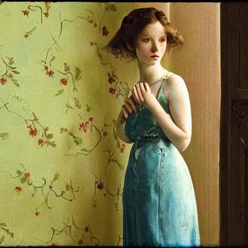 Image similar to close - up of a beautiful flowery girl in an empty room, film still by wes anderson, depicted by balthus, limited color palette, very intricate, art nouveau, highly detailed, lights by hopper, soft pastel colors, minimalist