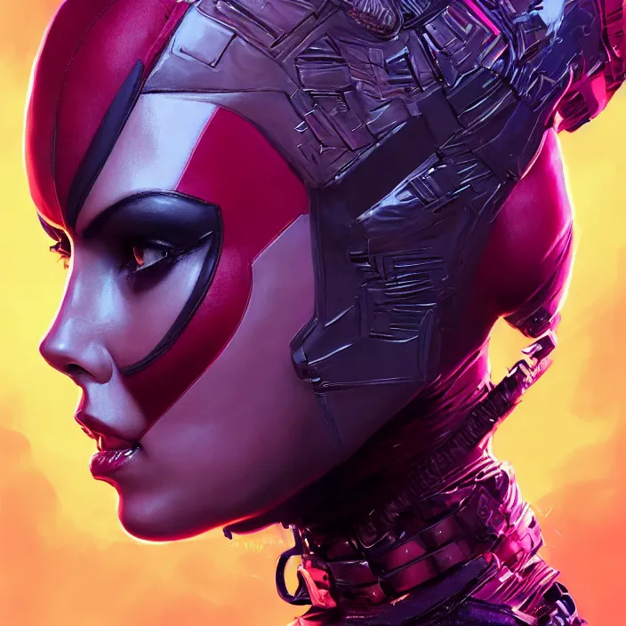 Image similar to charlize theron as lady deadpool. intricate abstract. intricate artwork. by tooth wu, wlop, beeple, dan mumford. octane render, trending on artstation, greg rutkowski very coherent symmetrical artwork. cinematic, hyper realism, high detail, octane render, 8 k, iridescent accents