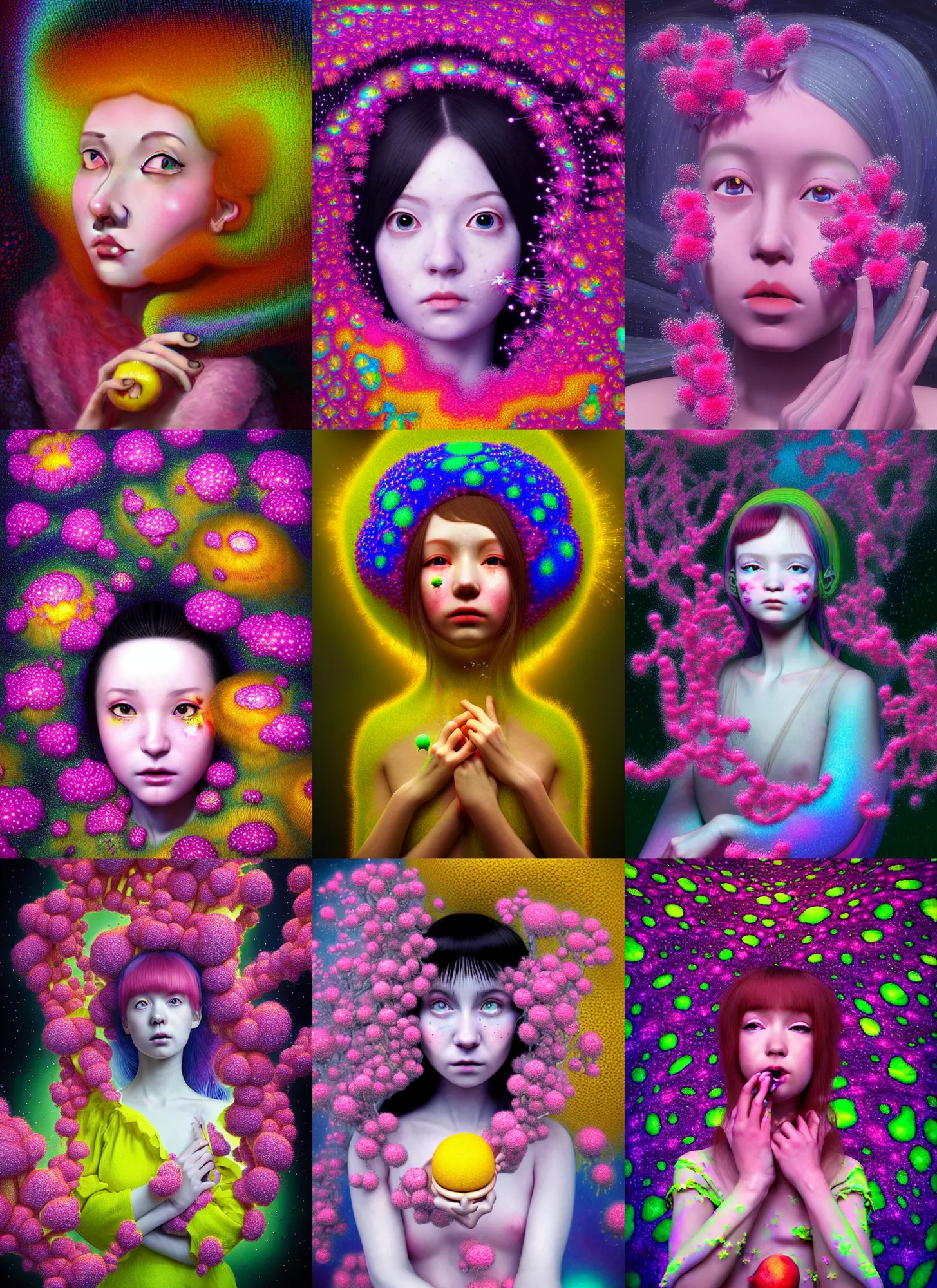 Image similar to hyper detailed 3d render like a Oil painting - kawaii portrait Aurora (serious hacker girl Singer) seen Eating of the Strangling network of yellowcake aerochrome and milky Fruit and Her delicate Hands hold of gossamer polyp blossoms bring iridescent fungal flowers whose spores black the foolish stars by Jacek Yerka, Mariusz Lewandowski, Houdini algorithmic generative render, Abstract brush strokes, Masterpiece, Edward Hopper and James Gilleard, Zdzislaw Beksinski, Mark Ryden, Wolfgang Lettl, hints of Yayoi Kasuma, octane render, 8k