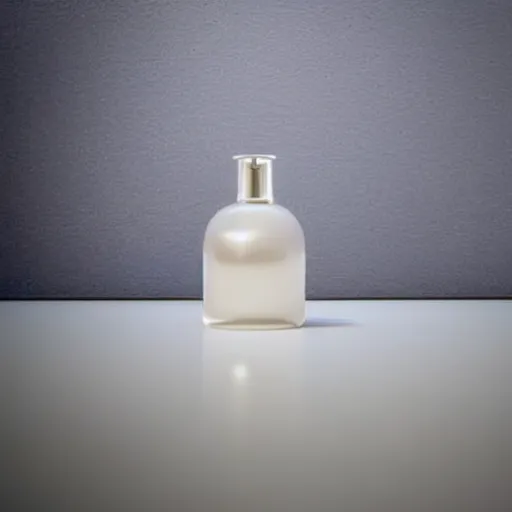 Image similar to perfume bottle on window sill in a pastel clean modern minimalist room in an ivory room well contoured smooth fair walls, up close shot, sharp focus, zen, clean, modern minimalist, octane highly render, 4 k, ultra hd,