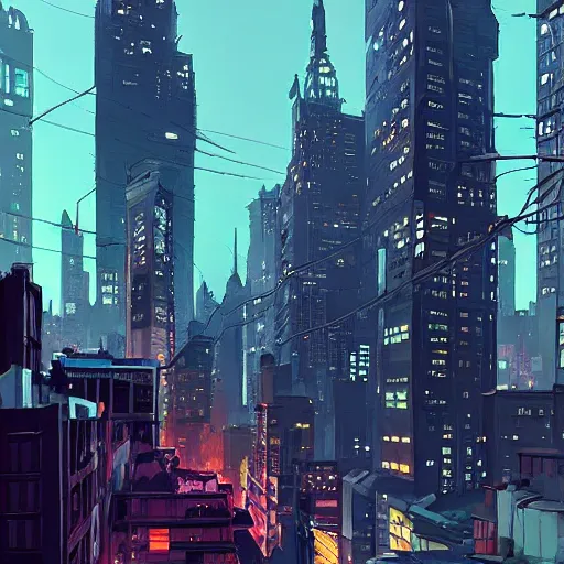 Prompt: city landscape, Gotham city, artstation, highly detailed, by makoto shinkai and thomas kindle and James gilleard