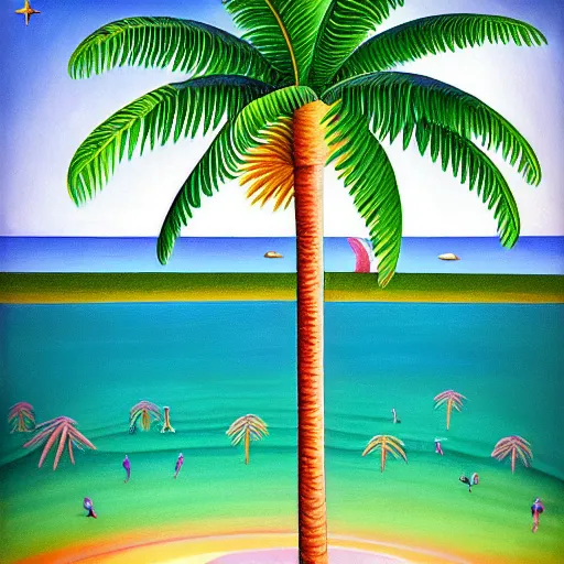Prompt: a ultradetailed beautiful painting of amazonas beach by tarsila do amaral, major arcana sparkles sky, dougherty patrick, trending on artstation, mediterranean, palm trees, light refracted lines and sparkles, major arcana sky, sharp focus, soft light