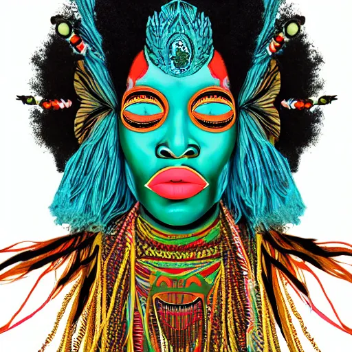 Prompt: Georgia Anne Muldrow, VWETO II, album art, 1970s, turquoise, side portrait, tribal mask inside mask, animalia, afro-psychedelia, afrocentric mysticism, in the style of Harumi Hironaka