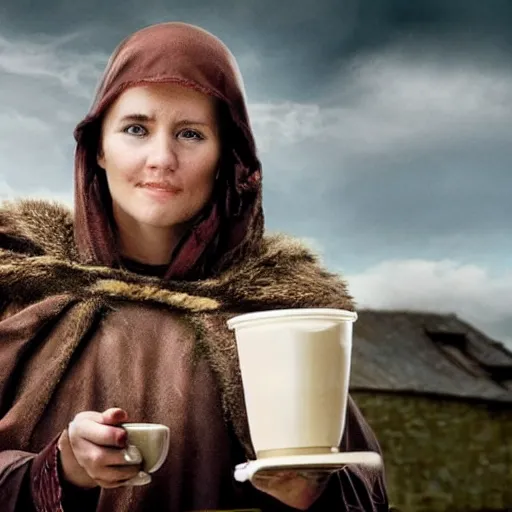 Image similar to scene from a 2 0 1 0 film set in medieval scandinavia showing a woman with a takeaway coffee