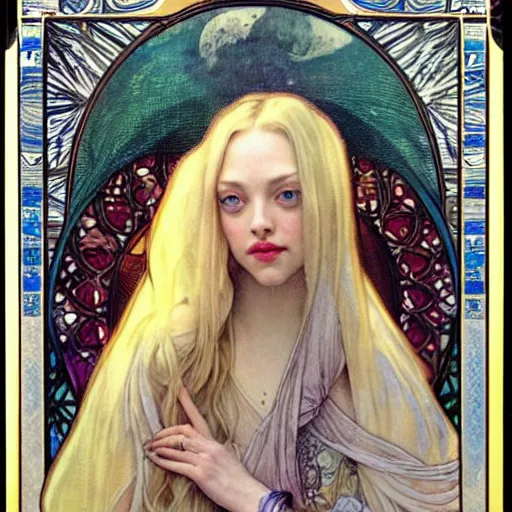 Image similar to amanda seyfried portrait by louis - theophile hingre and alphonse mucha, realistic, sharp focus, zodiac signs, tarot cards, planets, ethereal, art nouveau, magic, moon, sun, crown, dreamy, royal, jewellery