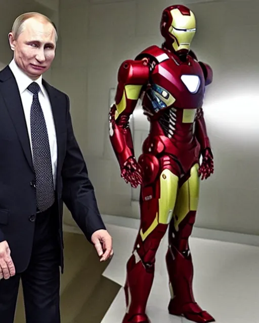 Image similar to vladimir putin wearing a military exoskeleton, iron man, ukraine