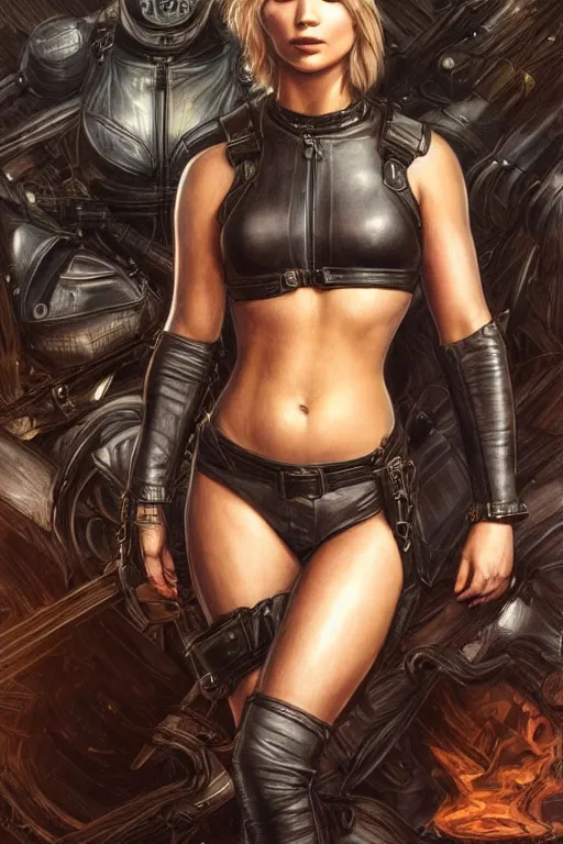 Image similar to muscled Jennifer Lawrence as a ruggedly handsome heroine , dressed in biker leather, intricate, elegant, highly detailed, centered, digital painting, artstation, concept art, smooth, sharp focus, illustration, art by artgerm and donato giancola and Joseph Christian Leyendecker, Ross Tran, WLOP