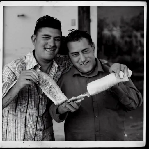 Image similar to a Kodak shot of two old brothers with white butcher clothes hug each other looking at the camera and holding a choripan, black and white, low fidelity