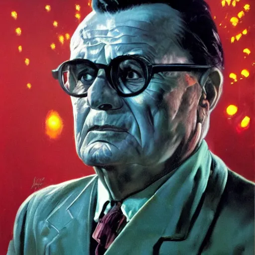Prompt: a dark and colorful close - up of josip broz tito with led lights glowing fog in the background. highly detailed science fiction painting by norman rockwell, frank frazetta, and syd mead. rich colors, high contrast, gloomy atmosphere, dark background. trending on artstation