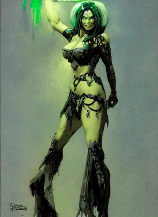 Image similar to mighty plump female necromancer sorceress, green tiara, strong line, muted color, beautiful! coherent! by frank frazetta, by brom