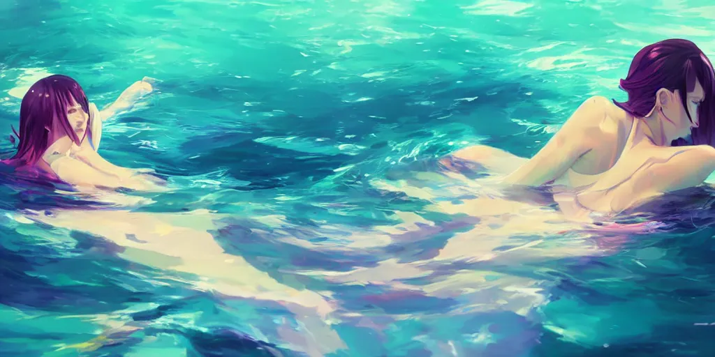 Prompt: a woman floating in water, draped wet fabric, vibrant colors, by Makoto Shinkai and Wojtek Fus, by studio trigger, rossdraws