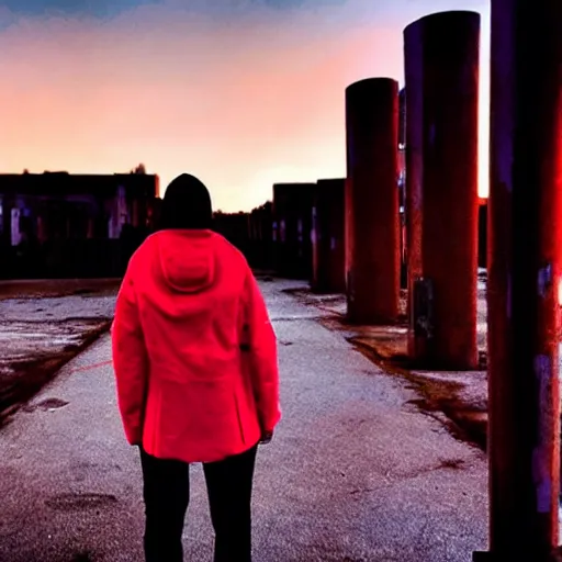 Prompt: hooded jacket woman standing in front of a post apocalyptic city with burning red sky