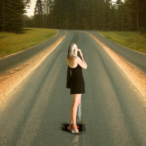 Prompt: a woman standing in the middle of a road, an album cover by Gregory Crewdson, trending on deviantart, environmental art, creative commons attribution, photo, demonic photograph