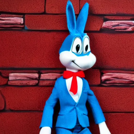 Prompt: photo of a bugs bunny toy sitting infront of a red wall with blue stripes.