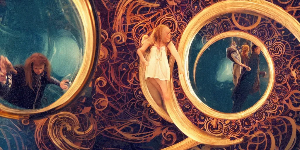 Image similar to a very high resolution image from a new movie, upside - down spiral beautiful scenery, mirror, shining, raining, photorealistic, photography, directed by wes anderson, greg manchess, mucha, jeffrey catherine jones