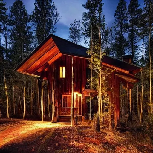 Image similar to beautifully detaild brick and dark wood cabin in the dense forest, lit by moonlight, night time, warm lights, detailed cabin in the woods