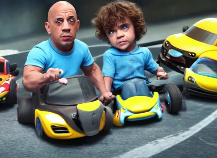 Prompt: peter dinklage racing vin diesel driving a little tikes cozy coupe cars at night tokyo, movie still, from the new fast and furious movie, 8 k, realistic