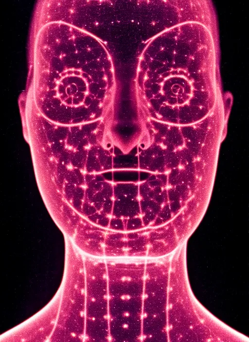 Prompt: realistic scientific documentary photo of a face aura fields glowing particles, front view 1 9 9 0, life magazine reportage photo, metropolitan museum photo