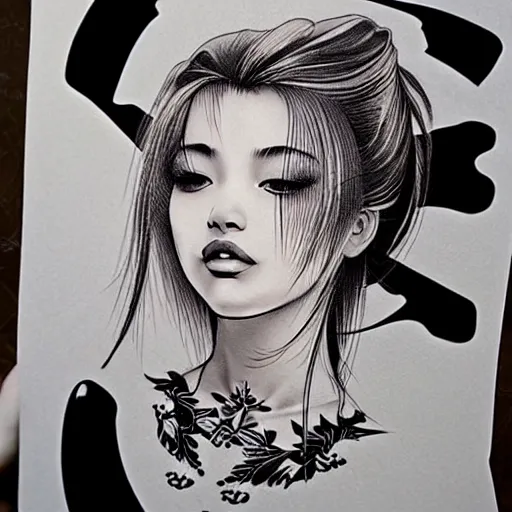 Image similar to tattoo design, stencil, traditional Japanese, beautiful portrait of a girl by artgerm, artgerm