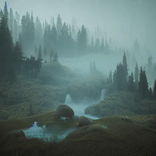 Image similar to Beautiful misty mountain landscape with million blind eyes are watching, Octane render, artistic, Cinema 4D, dark horror,