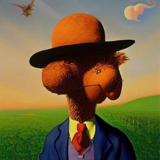 Image similar to surrealist painting of garfield as a farmer, high detail