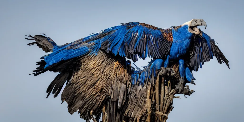 Prompt: dynamic, wideangle, expressive, vibrant, blue iridiescent giant vulture with spread wings, angry, imposing, spectacular
