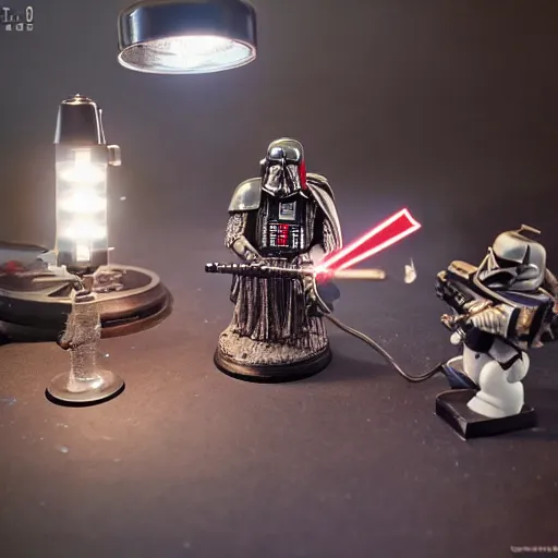 Image similar to Darth Vader painstakingly paints Warhammer 40,000 space marine minifigures at a table with a bright lamp, realism, depth of field, focus on darth vader,