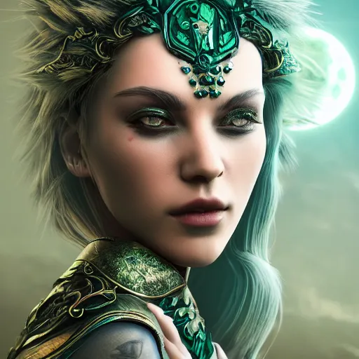 Prompt: portrait of moon sorceress, beautiful, attractive, green eyes, glowing, jaw dropping, dynamic lighting, dark, menacing, intricate and detailed, 4 k octane render, age 2 0