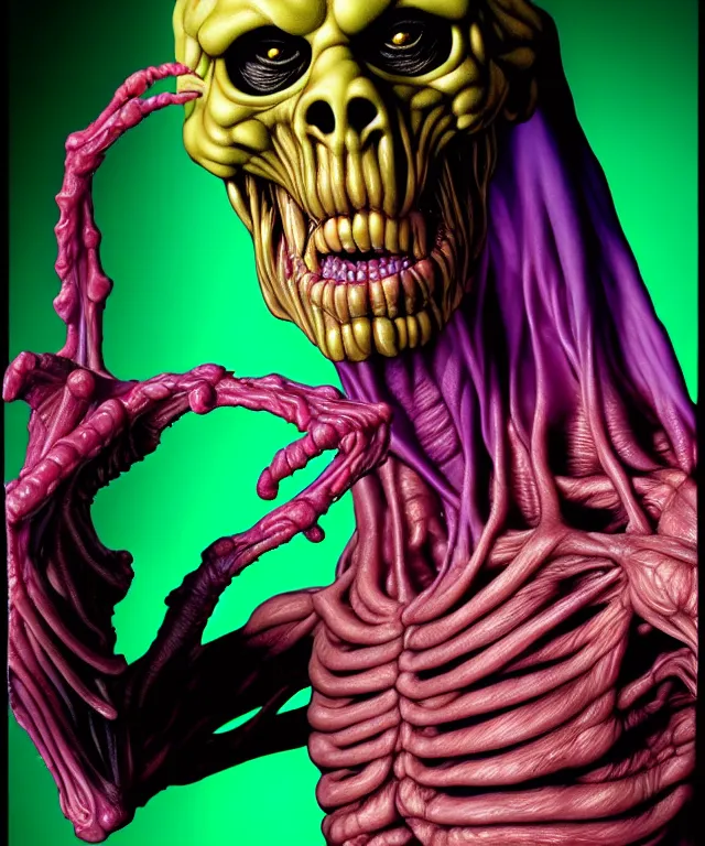 Image similar to hyperrealistic rendering, cronenberg flesh monster skeletor by art of skinner and richard corben and jeff easley, product photography, action figure, sofubi, studio lighting, colored gels