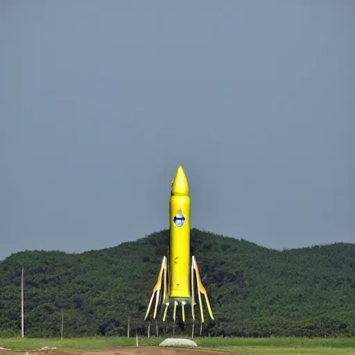 Prompt: a banana rocket on launch pad at wenchang space launch site