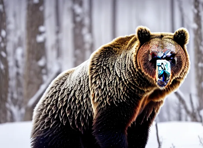 Image similar to an award winning photo of a grizzly bear with an owl's head and beak, full body portrait, forest, 4 k, wildlife photography, high quality, national geographic