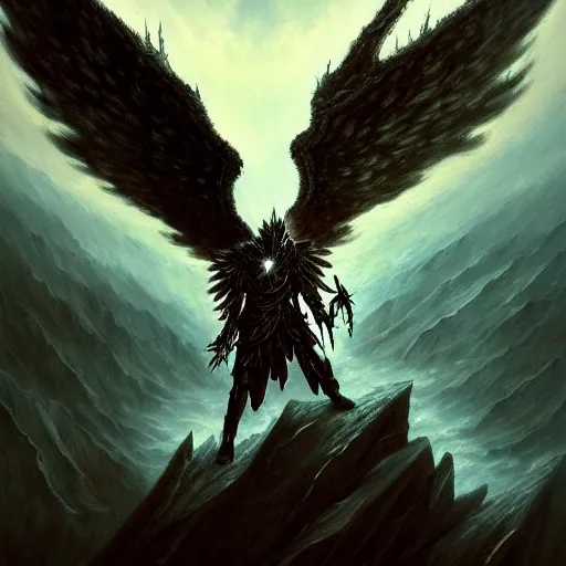 Image similar to painting of a fallen angel paladin with big burnt wings reaching the summit of a haunted mountain, sharp focus, award - winning, trending on artstation, masterpiece, highly detailed, intricate. art by seb mckinnon