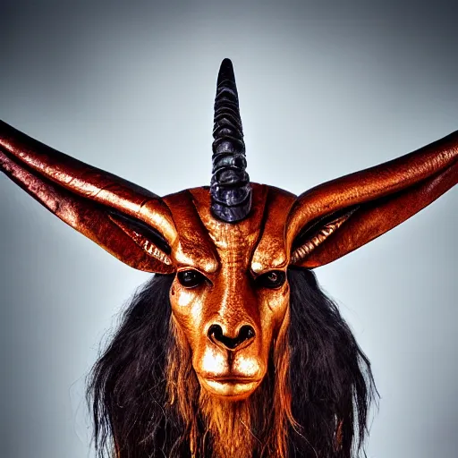 Prompt: a realistic portrait of baphomet, studio photography,