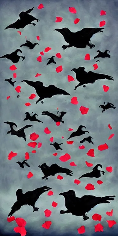 Image similar to flock of ravens made of black! rose petals!!, expressionist, album art