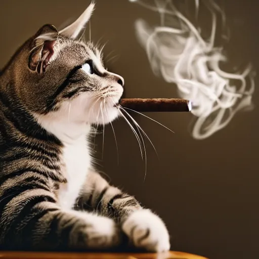 Image similar to a high detail closeup shot of a cat wearing a suit and smoking a cigar