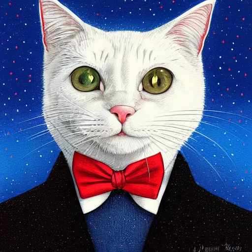 Prompt: portrait illustration of funny cat in the white tuxedo and red tie by jeremiah ketner, quint buchholz, wlop, dan mumford