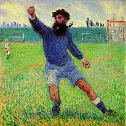 Prompt: monet painting of a short bearded man celebrating a goal, soccer, highly detailed, realistic,