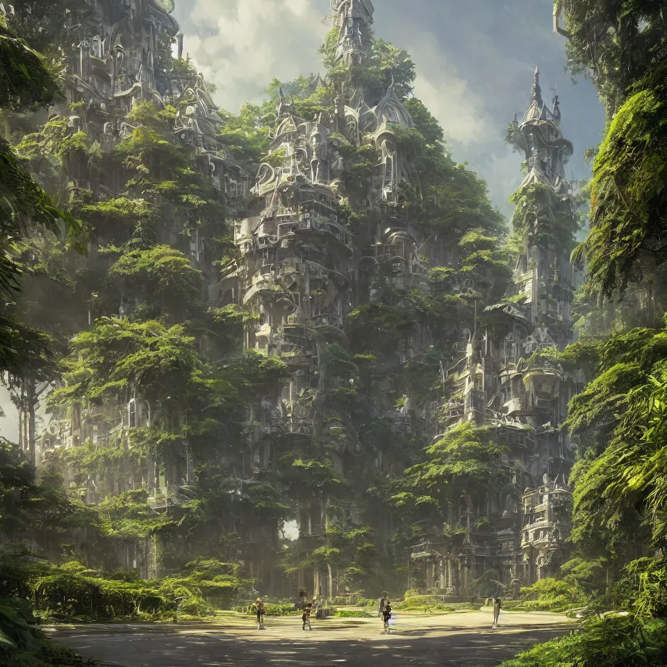 Image similar to A Luxury Monumental Futuristic Castle in Art Nouveau Architecture, movie concept art, Breath of the wilde, studio ghibli style, Lush vegetation with ferns, miyazaki, Craig Mullins dappled lighting, octane render, cinematic, photographic, realistic, highly detailed