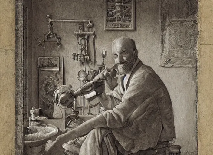 Prompt: a highly detailed ancient portrait of a dentist, james gurney, james jean