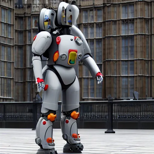 Image similar to the queen of england in a mech suit preparing to fight Boris Johnson outside parliament. octane render. realistic