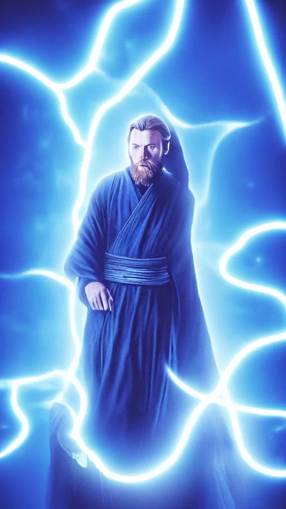 Image similar to a portrait of the ghost of obi - wan, as a digital photograph. blue transucent colors. glowing ghost. transparent portrait. color harmony, 8 k detail, gallery quality, hd wallpaper, premium prints available, hyper - detailed, intricate design.