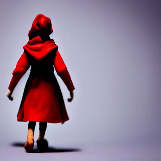 Prompt: a cinematic film still of a claymation stop motion film starring emma watson as little red riding hood, looking at big wild wolf, shallow depth of field, 8 0 mm, f 1. 8