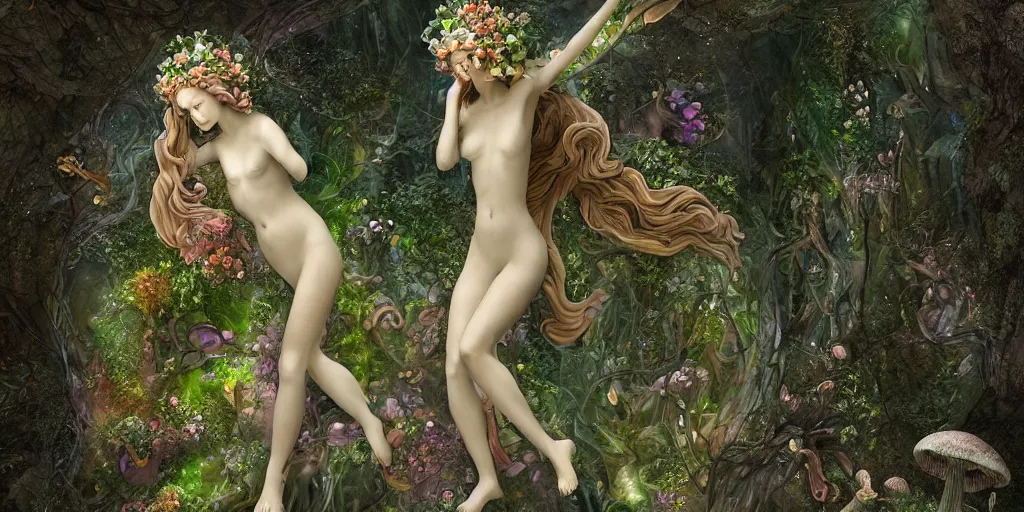 Prompt: glowing delicate flower and mushrooms that grow in a dark fatansy forest on the planet Pandora, an idealistic marble statue with fractal flowery hair in a fractal garden, Adam and Eve, symmetrical,