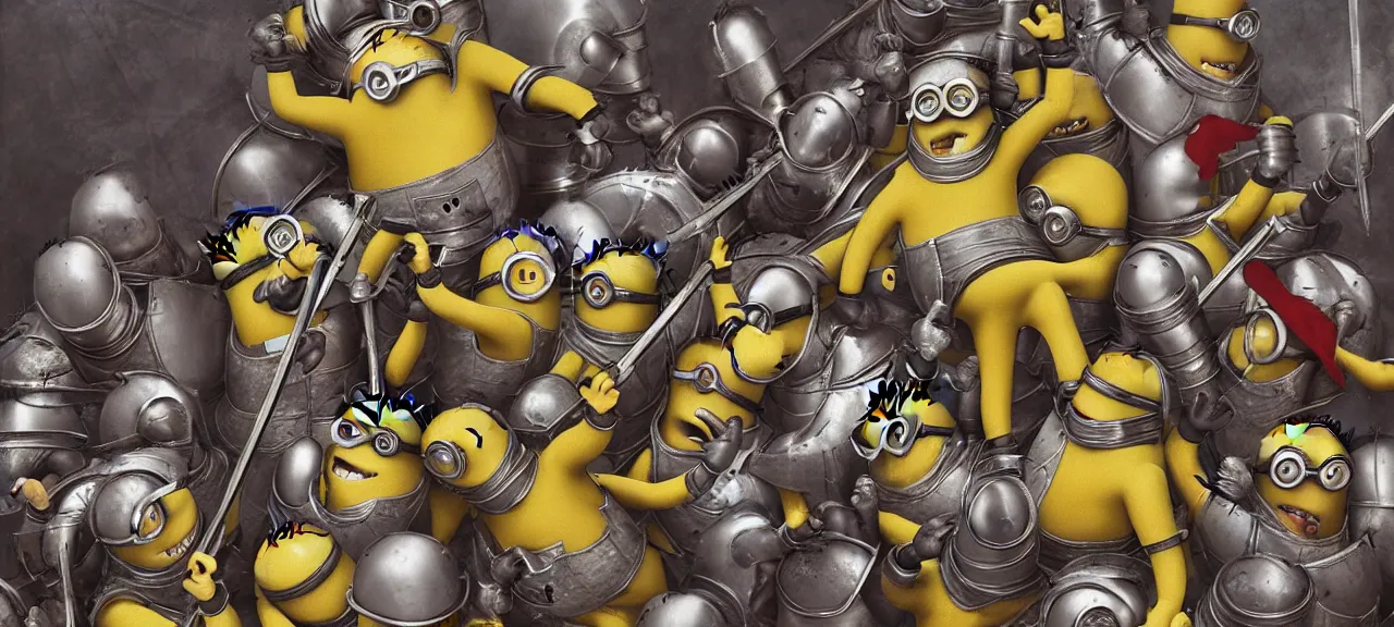 Prompt: Minions Burgundian Deus Vult Crusade in the style of Michelangelo