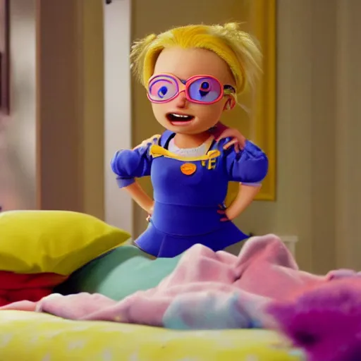 Image similar to Margot Robbie as Angelica Pickles in Rugrats, 8k full HD photo, cinematic lighting, anatomically correct, oscar award winning, action filled, correct eye placement