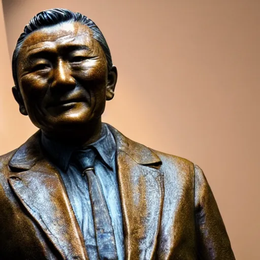 Image similar to close up shot of an old bronze patina statue of takeshi kitano in a museum