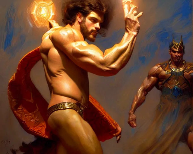 Image similar to regal magician man, casting light magic, summoning a muscular god. highly detailed painting by gaston bussiere, craig mullins, j. c. leyendecker 8 k