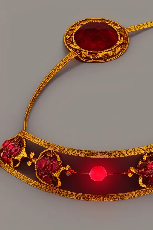 Image similar to historical, art nouveau, deep red gemstone choker, glowing inside, octane render, realistic, dramatic light, 3 d, photograph 4 k,