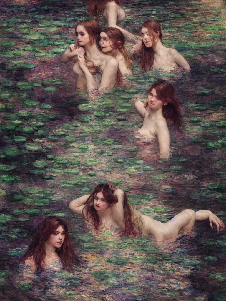 Image similar to illustration studio portrait of three dark beautiful woman bodies mermaids female energy in artistic poses in the river at the forest, monet painterly motives and textures pattern, hyper detailed, octane render, vivid colors, artstation, by jeremy mann, by alphonse mucha, by monet