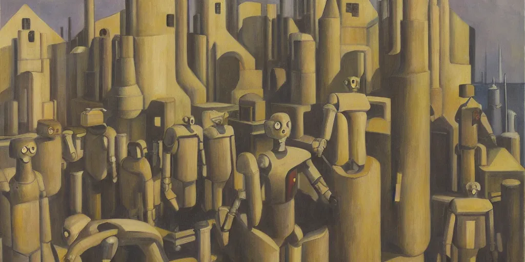 Prompt: formation of robots guarding a brutalist fortress, evil visages, dystopian, pj crook, edward hopper, oil on canvas